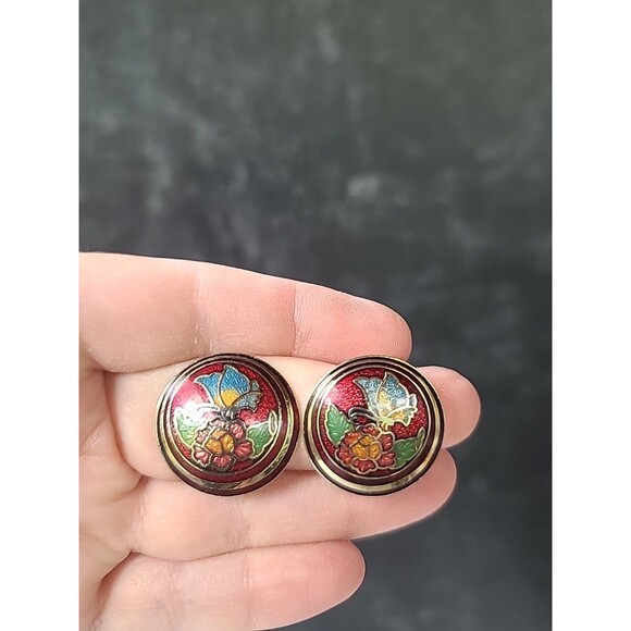 Cloisonne Enamel Butterfly And Floral Circular Shaped Clip-on Earrings Vintage - Picture 1 of 10
